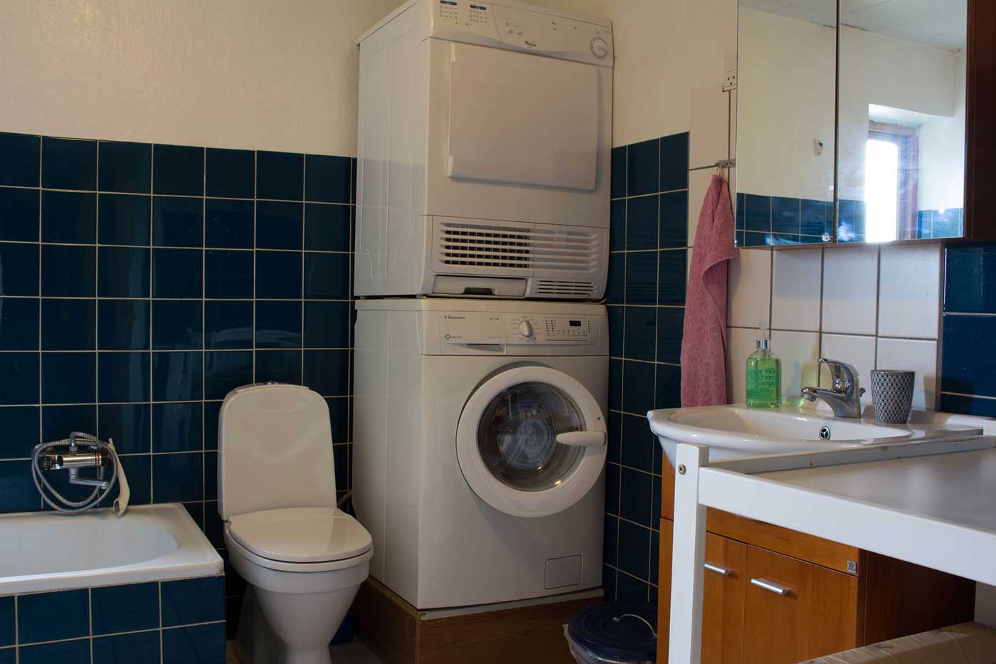 Ferielejlighedens badeværelset med vaskemaskine, tørretumbler, badekar og bruseniche
